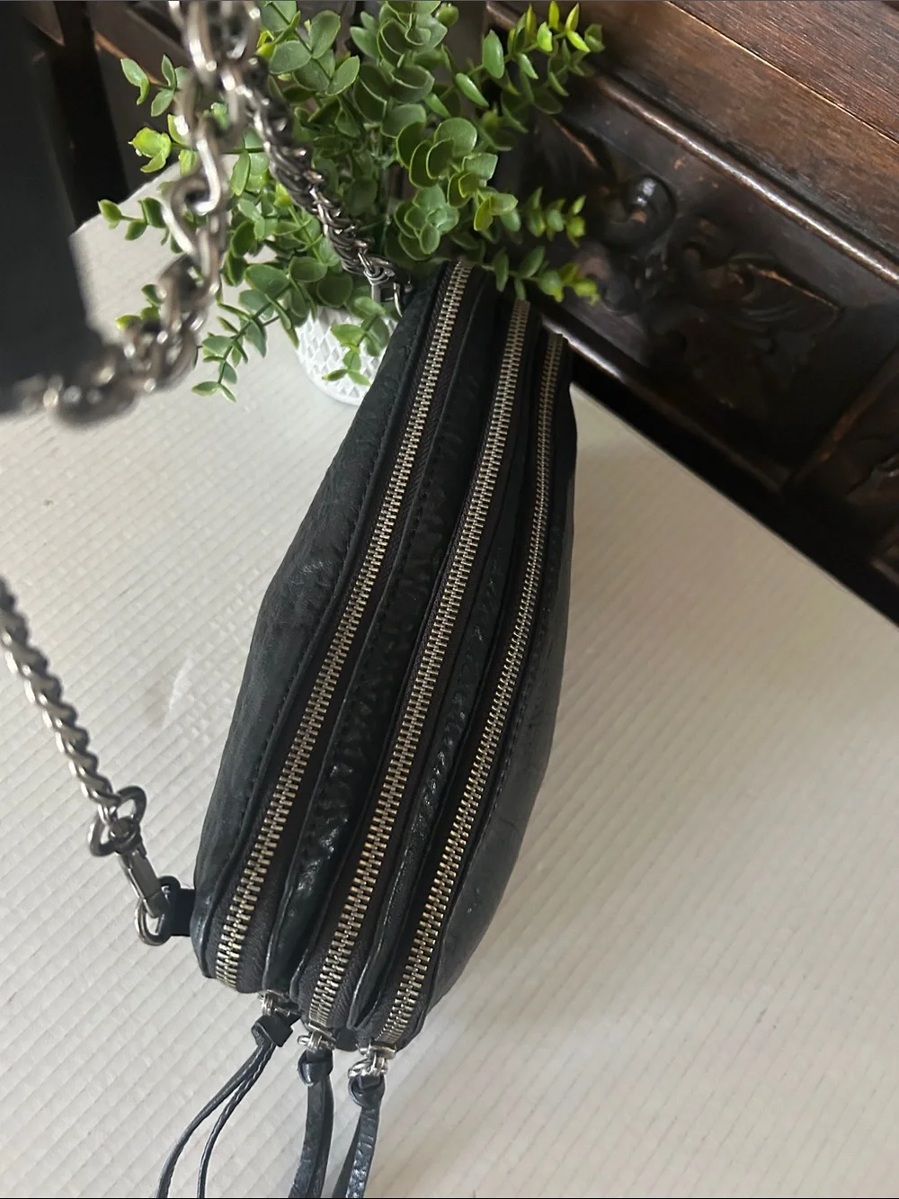 Treasure & Bond Black Leather triple -Zip Crossbody with Chain Tassel
